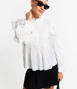 Blusa Em Algodão Maquinetado Com Babados E Efeito Drapeado Frontal Branco