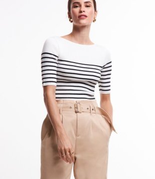 Blusa Em Tricõ Com Textura Canelada E Estampa Listrada Branco Neve