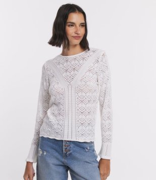 Blusa Manga Longa Em Tricô Com Detalhes Vazados Off White