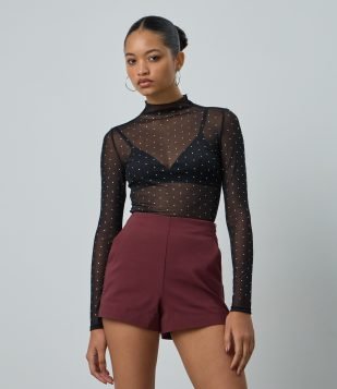 Blusa Manga Longa em Tule com Aplicação de Brilho Preto