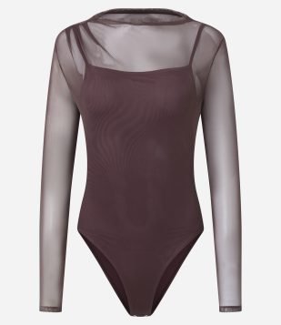 Body Manga Longa em Tule com Gola Alta Bordô
