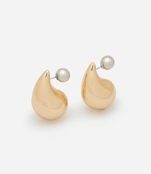Brinco Botão Gota com Tarraxa de Bolinha Contrastante Bicolor Dourado/Prata