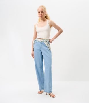 Calça Baggy em Jeans Cintura Média com Lenço Azul Claro