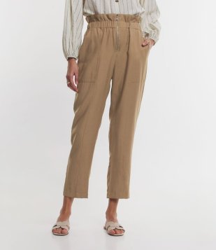 Calça Em Viscose Com Zíper Frontal E Cós Elástico Bege