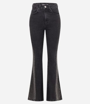 Calça Flare em Jeans com Brilho Lateral Preto