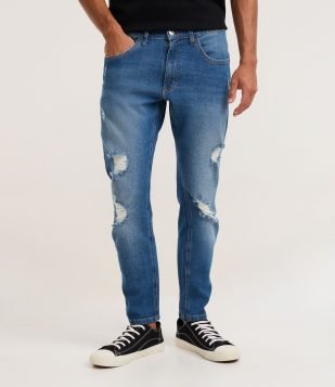 Calça Jeans Skinny Cropped com Rasgos Azul