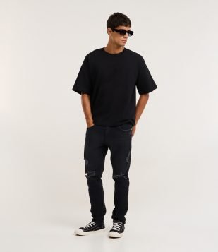 Calça Jeans Skinny Cropped com Rasgos Preto