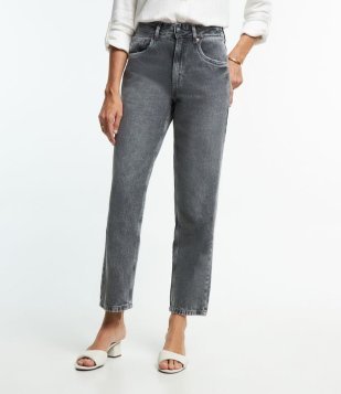 Calça Reta Cintura Média Em Jeans Com Bolsos Preto