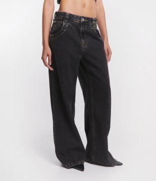 Calça Reta Em Jeans Com Bolsos Preto