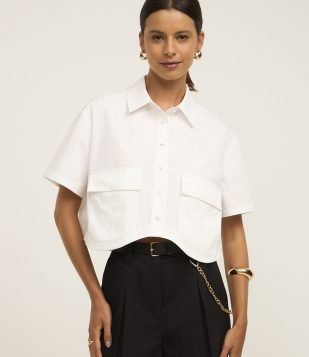 Camisa Manga Curta em Tricoline com Barra Assimétrica Branco