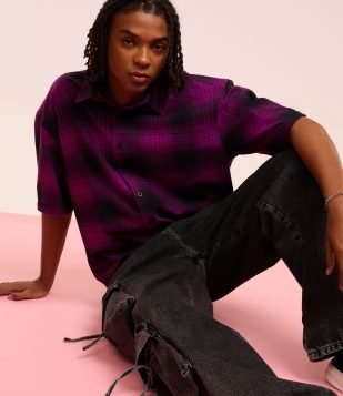 Camisa Oversized em Flanela com Estampa Xadrez Roxo