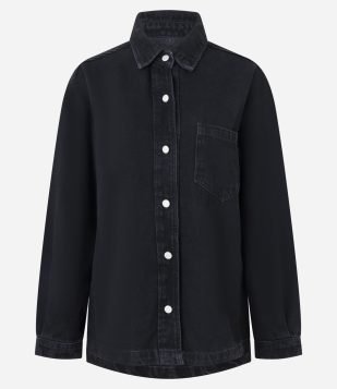 Camisa Oversized em Jeans com Botões Frontais Preto