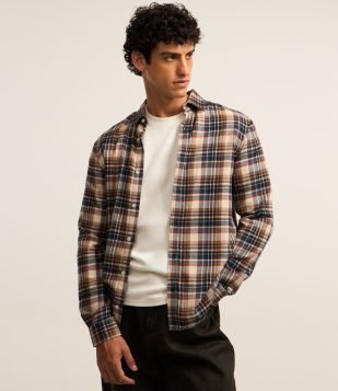 Camisa Regular em Flanela com Estampa Xadrez Bege-Marrom-Azul