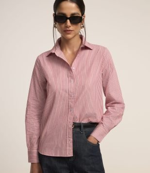 Camisa em Tricoline com Estampa Listrada Fio Tinto Vermelho