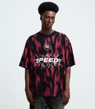 Camiseta Oversized em Algodão com Estampa Tribal Speed Tribal Vermelho e Preto