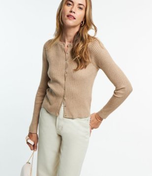 Cardigan Curto Em Tricô Com Textura Canelada Bege