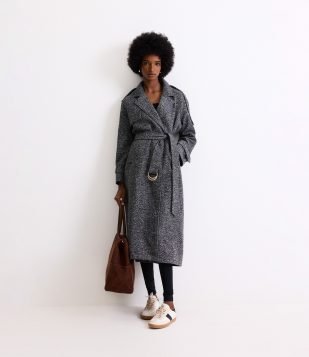 Casaco Alongado em Tweed com Cinto Fivela Preto/ Cinza