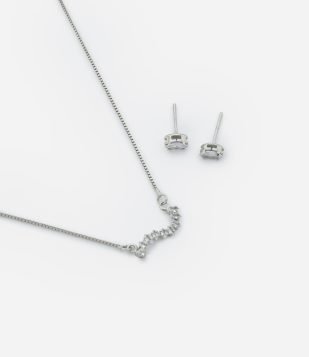 Conjunto de Colar Curto e Brinco com Detalhes em Zircônia Prata