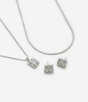 Conjunto de Colar e Brinco com Pingente em Zircônia Prata