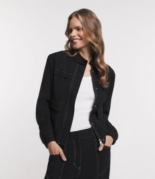 Jaqueta Bomber Em Viscose Com Bolsos Lapela E Pespontos Contrastantes Preto