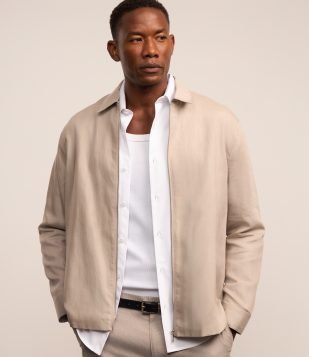 Jaqueta em Liocel e Linho com Fechamento por Zíper Bege