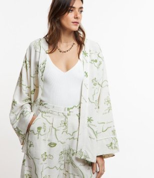 Kimono Em Viscolinho Com Amarração Na Cintura E Estampa Paisagem Off White