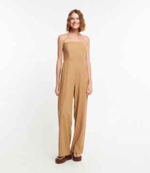 Macacão Longo Em Linho E Decote Tomara Que Caia Bege