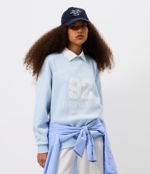 Moletom Regular College com Estampa Puff e Gola Polo Azul