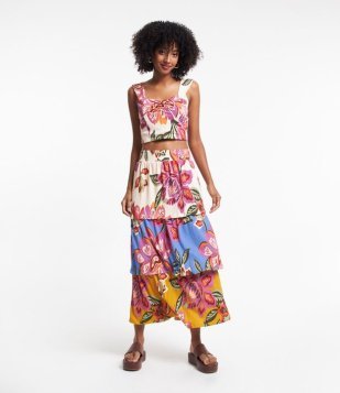 Saia Midi Texturizada Com Babados E Mix De Estampa Floral Bege