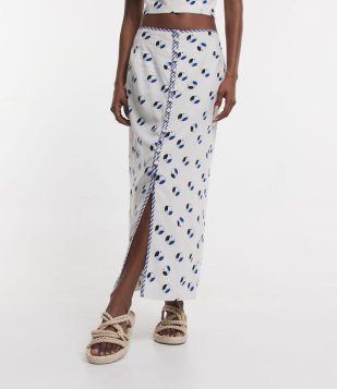 Saia New Midi Em Linho Reta Com Botões E Estampa De Araras Off White