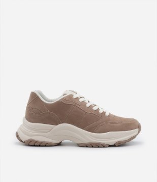 Tênis Jogging Com Cadarço E Recortes Bege