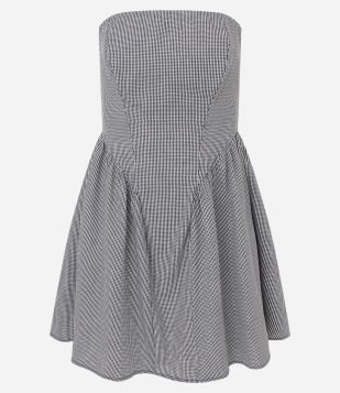 Vestido Curto Tomara que Caia em Algodão com Estampa Xadrez Preto e Branco