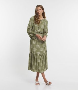 Vestido Midi Em Viscolinho Com Manga Bufante E Estampa Folhagem Verde
