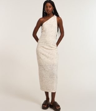 Vestido Midi com Ombro Só e Textura Branco