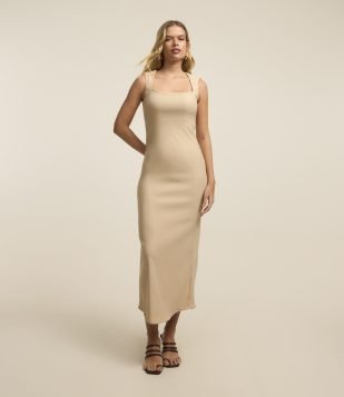 Vestido Midi em Bengaline com Fenda nas Costas Bege