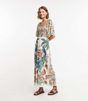 Vestido New Midi Em Tule Com Estampa Tropical E Recorte Vazado Na Cintura Off White