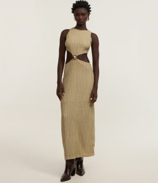 Vestido New Midi Texturizado com Detalhe Metalizado Cinza Esverdeado