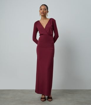 Vestido New Midi Transpassado em Jersey com Ombreiras Vinho