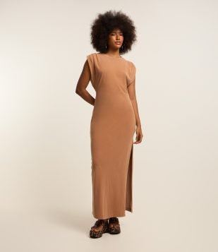 Vestido New Midi em Algodão Estonado com Fenda Lateral Marrom