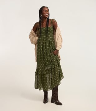 Vestido New Midi em Chiffon com Lastex no Busto e Babado na Barra Verde