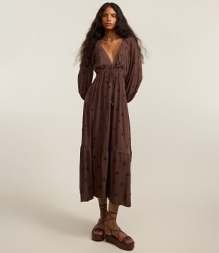 Vestido New Midi em Twill com Poás Bordados Marrom