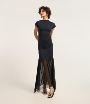Vestido Reto Longo em Helanca com Barra Transparente Preto