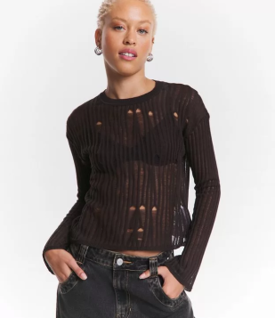 Blusa Em Tricô Furadinha E Manga Longa Marrom
