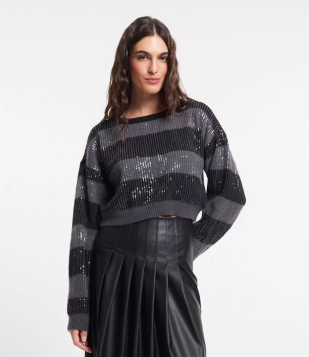 Suéter Curto Em Tricô Com Listras E Paetês Preto