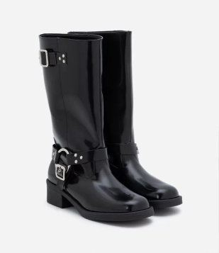 Bota Biker Em Pu Com Cano Longo E Fivelas Em Metal Preto