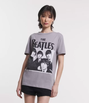Camiseta Manga Curta Em Meia Malha Com The Beatles Estampado Cinza