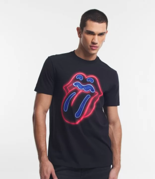 Camiseta Em Meia Malha Com Estampa Rolling Stones Frente E Costas Preto