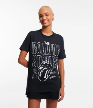 Camiseta Alongada Em Algodão Com Estampa Rolling Stones Preto