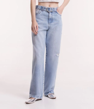 Calça Wide Leg Jeans Com Cinto De Coração Em Strass Puídos Azul