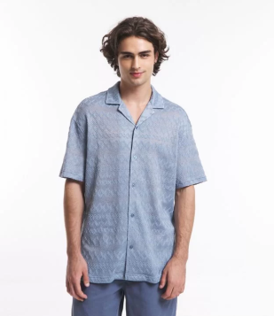 Camisa Manga Curta Em Tricoline Com Bordado Geométrico Azul